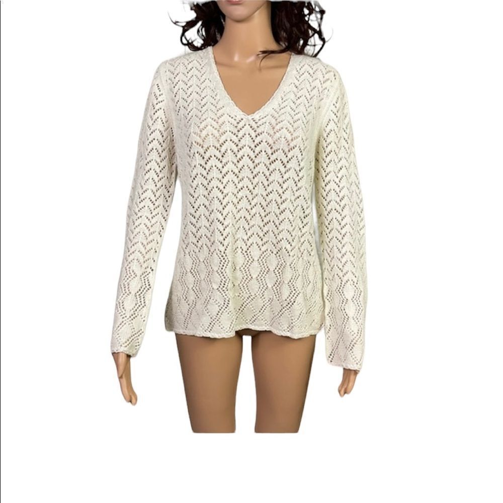 NEW Indigo Palms Denim Company White Pointelle Boho Knit V-Neck Sweater M